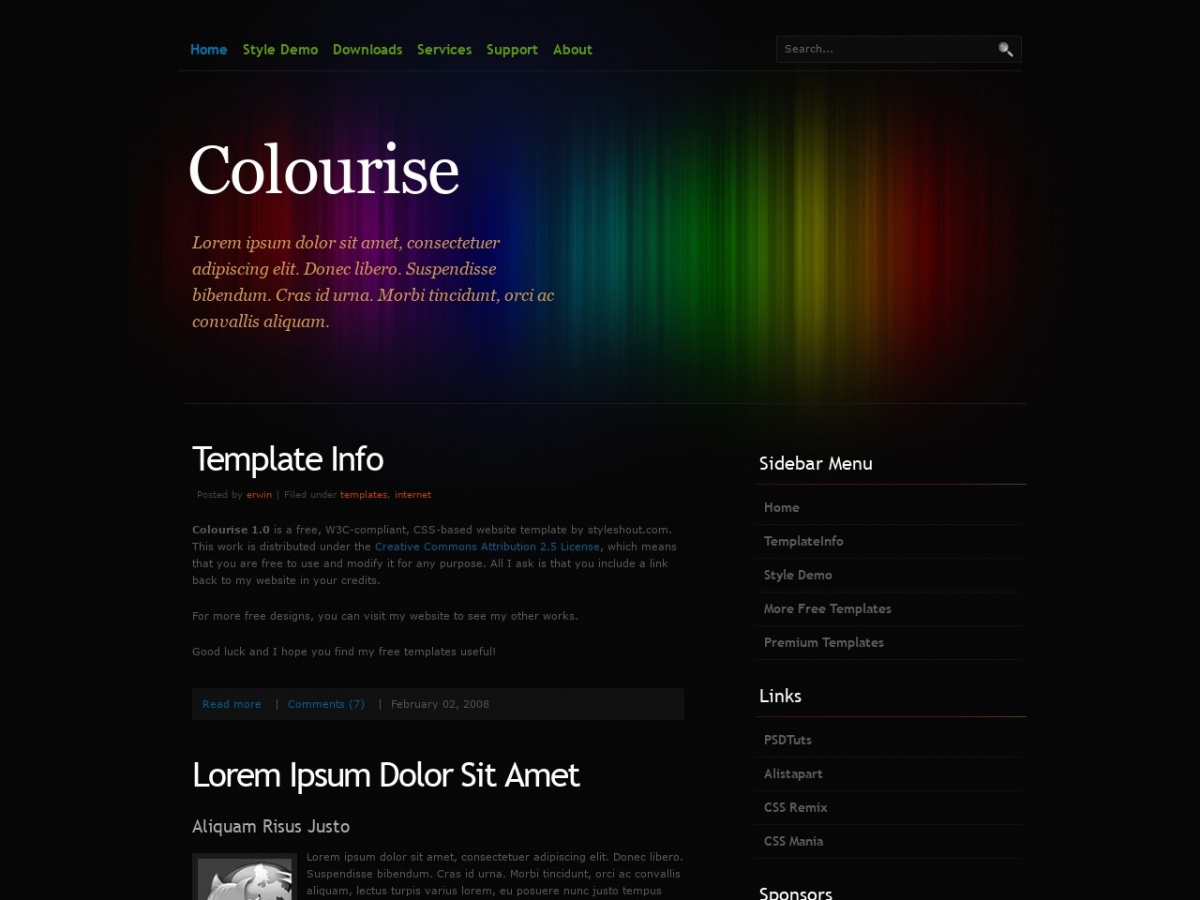Demo style. Шаблон сайта html. Colourise. CSS Templates.